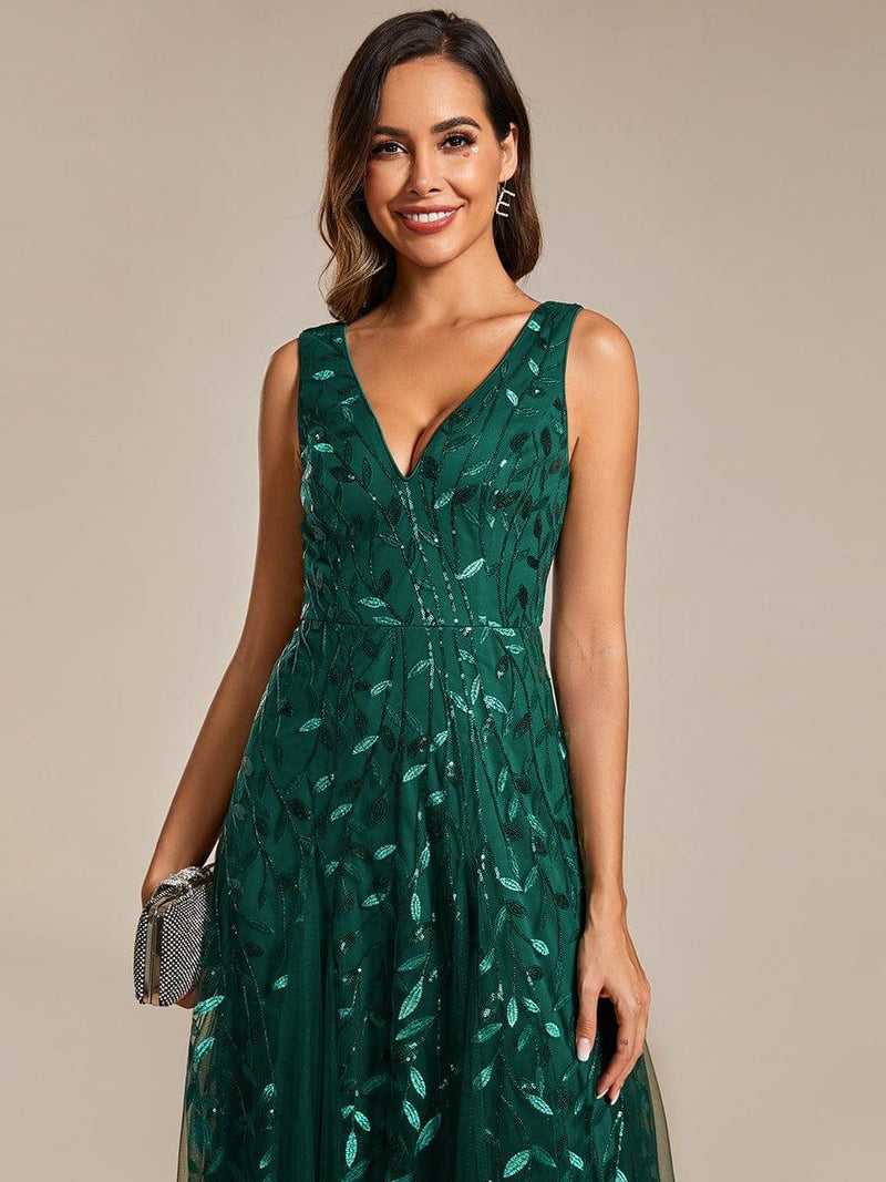 ever ZOEY|V-Neck Leaf Sequin Sleeveless A-Line Formal Evening Dress with Tulle