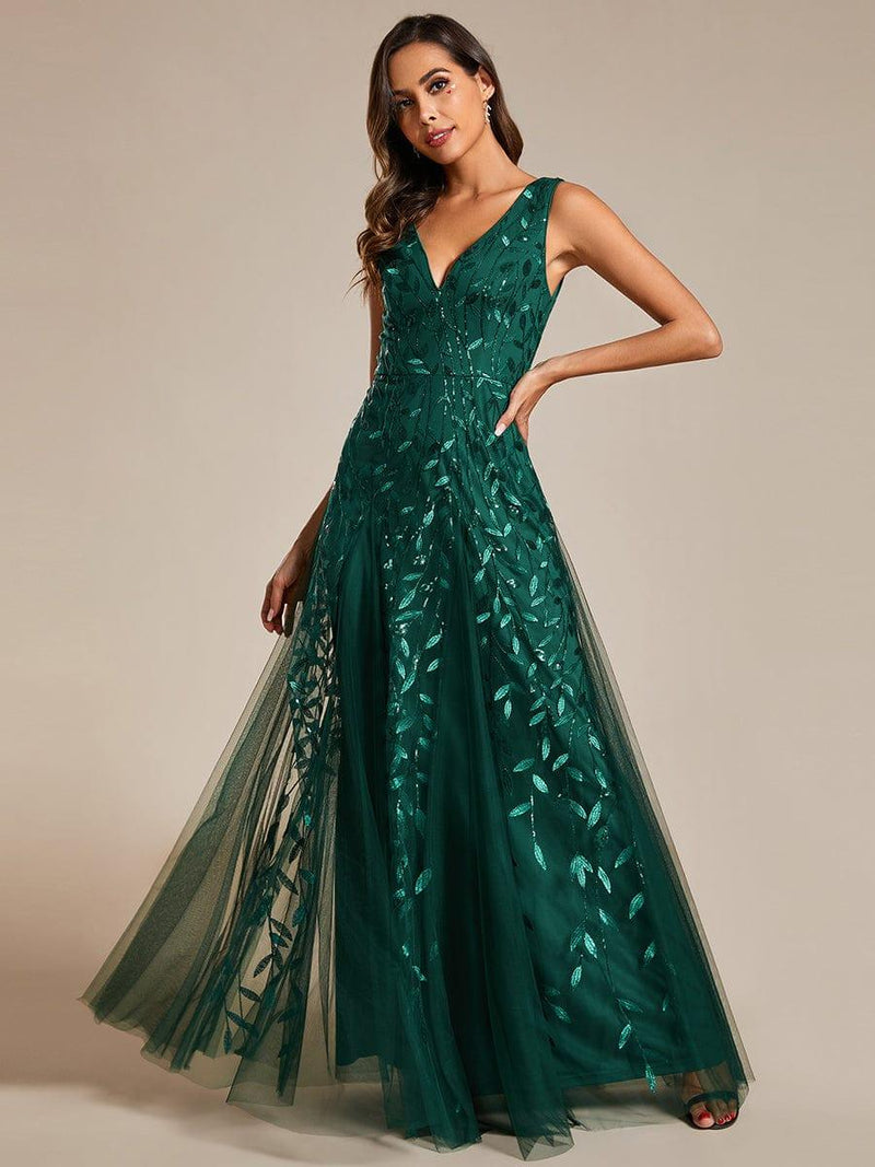 ever ZOEY|V-Neck Leaf Sequin Sleeveless A-Line Formal Evening Dress with Tulle