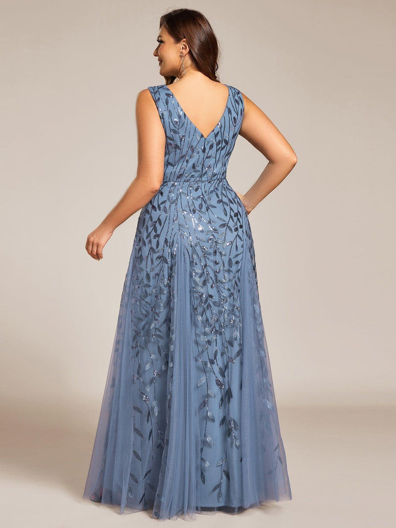 ever ZOEY|V-Neck Leaf Sequin Sleeveless A-Line Formal Evening Dress with Tulle