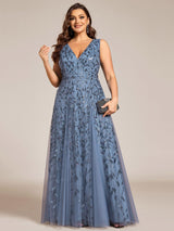 ever ZOEY|V-Neck Leaf Sequin Sleeveless A-Line Formal Evening Dress with Tulle
