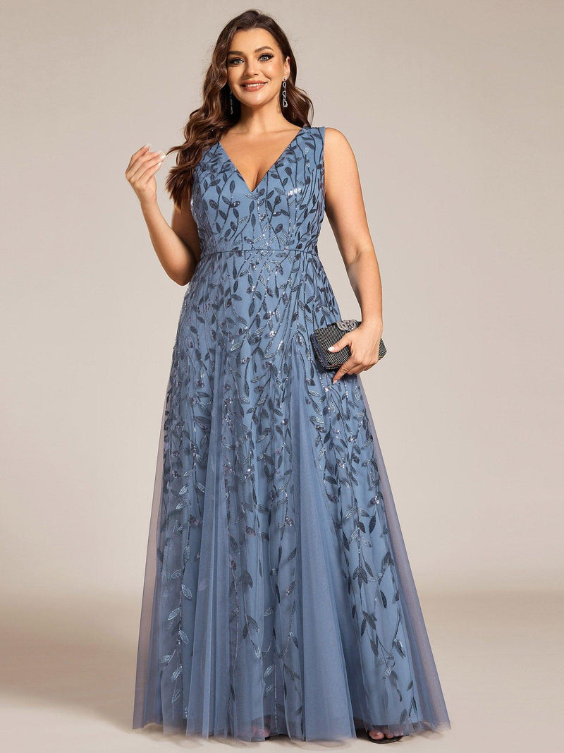 ever ZOEY|V-Neck Leaf Sequin Sleeveless A-Line Formal Evening Dress with Tulle
