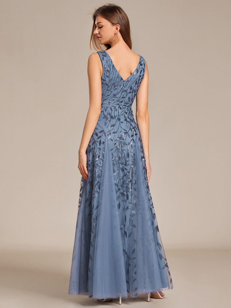 ever ZOEY|V-Neck Leaf Sequin Sleeveless A-Line Formal Evening Dress with Tulle