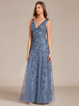 ever ZOEY|V-Neck Leaf Sequin Sleeveless A-Line Formal Evening Dress with Tulle