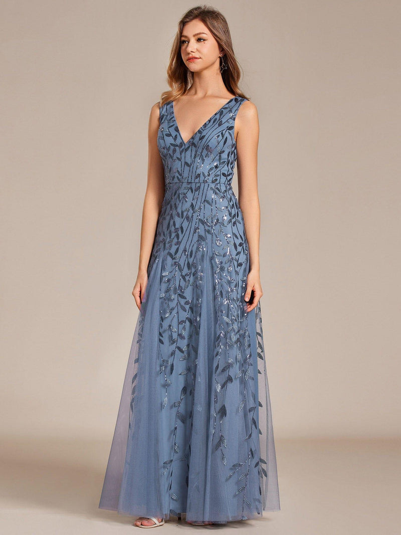 ever ZOEY|V-Neck Leaf Sequin Sleeveless A-Line Formal Evening Dress with Tulle