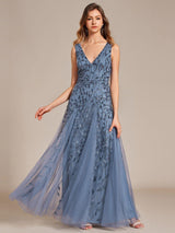 ever ZOEY|V-Neck Leaf Sequin Sleeveless A-Line Formal Evening Dress with Tulle