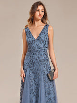 ever ZOEY|V-Neck Leaf Sequin Sleeveless A-Line Formal Evening Dress with Tulle