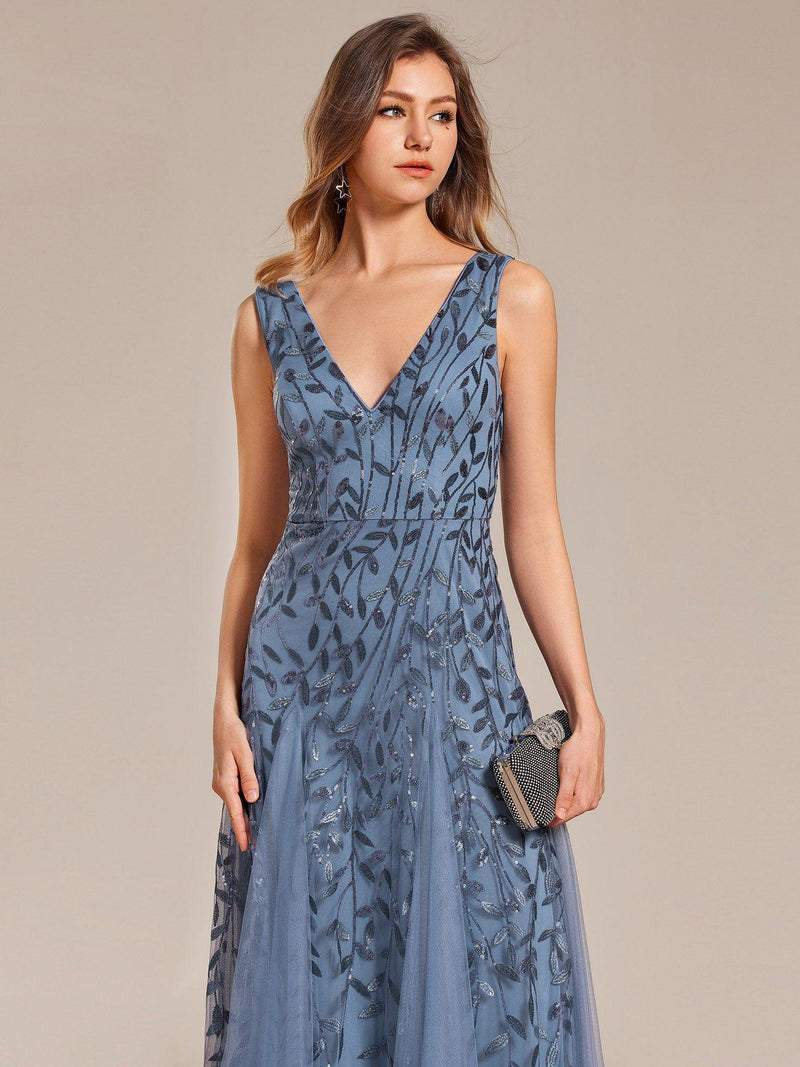 ever ZOEY|V-Neck Leaf Sequin Sleeveless A-Line Formal Evening Dress with Tulle