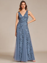ever ZOEY|V-Neck Leaf Sequin Sleeveless A-Line Formal Evening Dress with Tulle