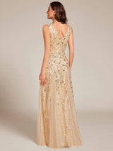 ever ZOEY|V-Neck Leaf Sequin Sleeveless A-Line Formal Evening Dress with Tulle