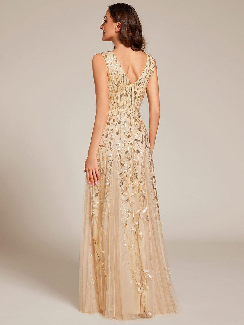 ever ZOEY|V-Neck Leaf Sequin Sleeveless A-Line Formal Evening Dress with Tulle