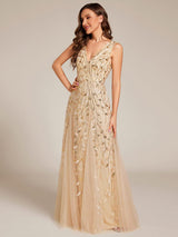 ever ZOEY|V-Neck Leaf Sequin Sleeveless A-Line Formal Evening Dress with Tulle