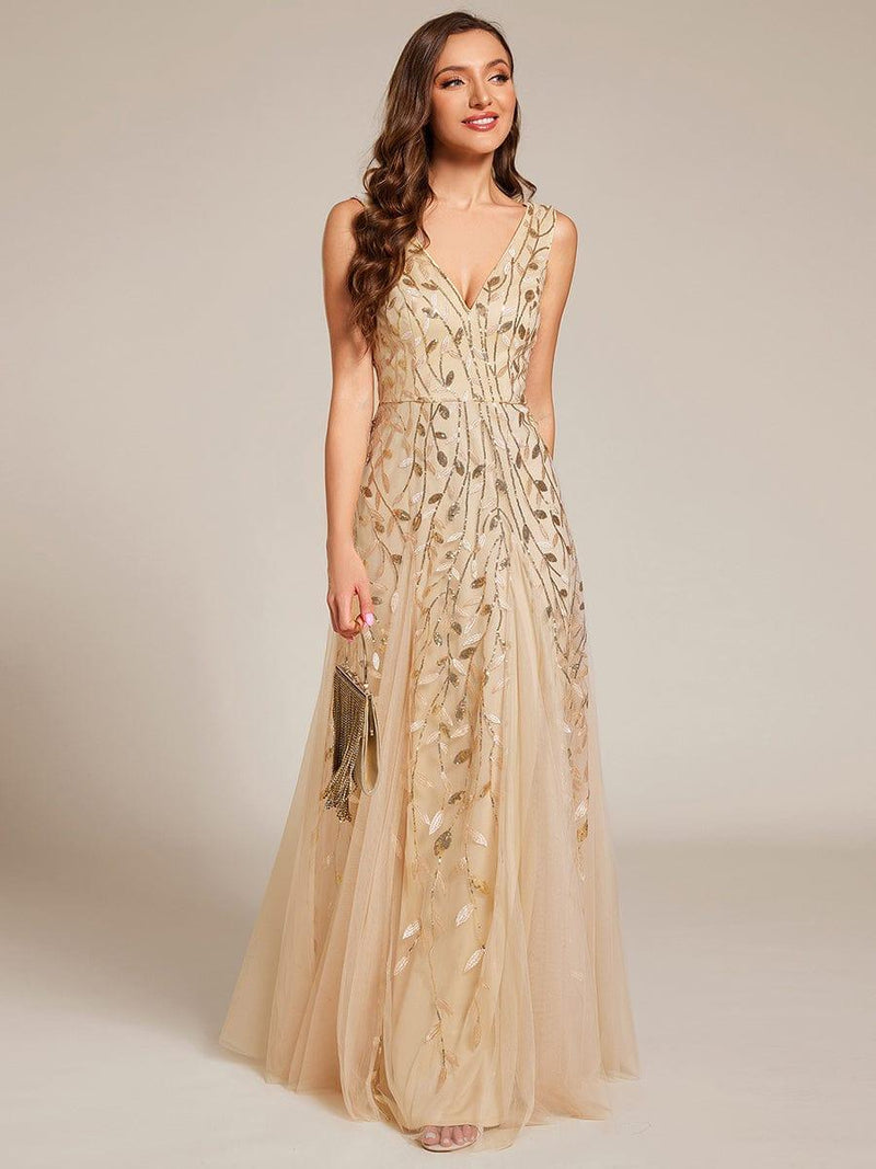 ever ZOEY|V-Neck Leaf Sequin Sleeveless A-Line Formal Evening Dress with Tulle