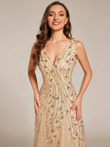 ever ZOEY|V-Neck Leaf Sequin Sleeveless A-Line Formal Evening Dress with Tulle