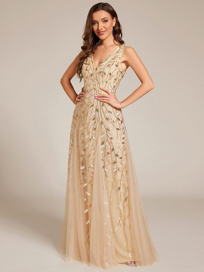 ever ZOEY|V-Neck Leaf Sequin Sleeveless A-Line Formal Evening Dress with Tulle