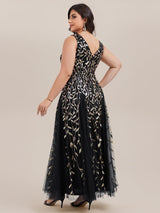 ever ZOEY|V-Neck Leaf Sequin Sleeveless A-Line Formal Evening Dress with Tulle