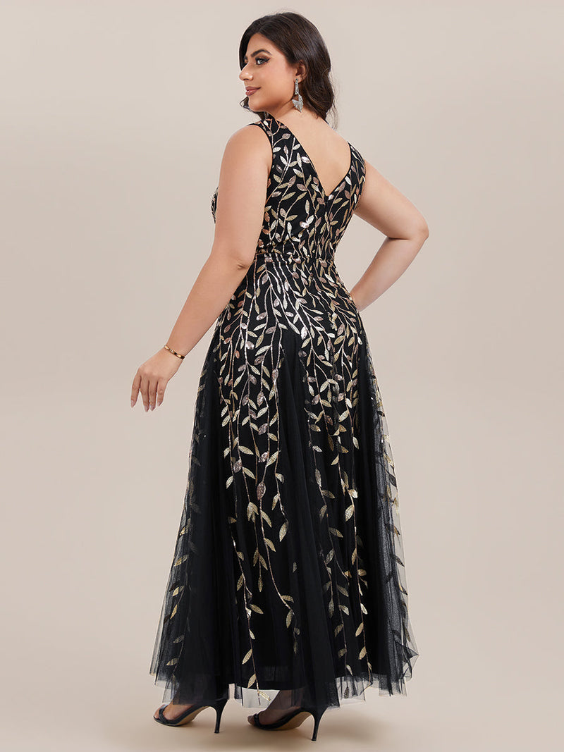 ever ZOEY|V-Neck Leaf Sequin Sleeveless A-Line Formal Evening Dress with Tulle