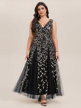 ever ZOEY|V-Neck Leaf Sequin Sleeveless A-Line Formal Evening Dress with Tulle