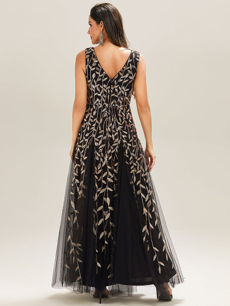 ever ZOEY|V-Neck Leaf Sequin Sleeveless A-Line Formal Evening Dress with Tulle