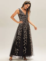 ever ZOEY|V-Neck Leaf Sequin Sleeveless A-Line Formal Evening Dress with Tulle