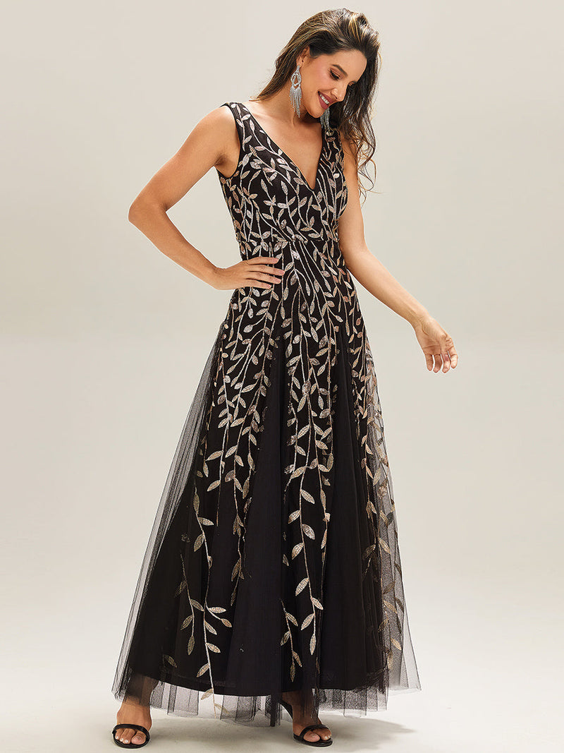 ever ZOEY|V-Neck Leaf Sequin Sleeveless A-Line Formal Evening Dress with Tulle