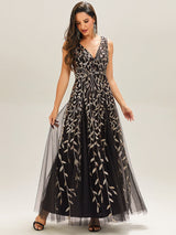 ever ZOEY|V-Neck Leaf Sequin Sleeveless A-Line Formal Evening Dress with Tulle