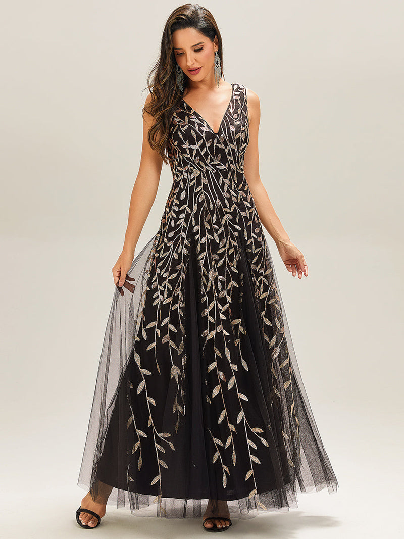 ever ZOEY|V-Neck Leaf Sequin Sleeveless A-Line Formal Evening Dress with Tulle