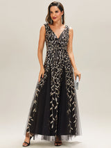 ever ZOEY|V-Neck Leaf Sequin Sleeveless A-Line Formal Evening Dress with Tulle