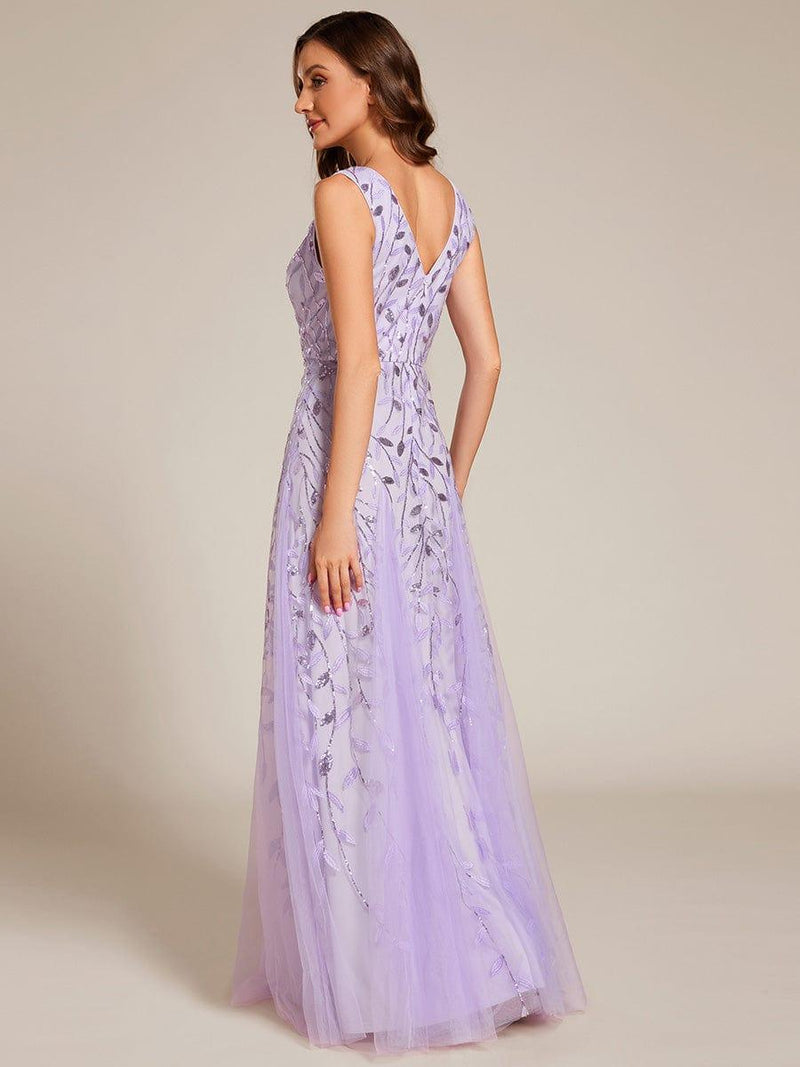 ever ZOEY|V-Neck Leaf Sequin Sleeveless A-Line Formal Evening Dress with Tulle