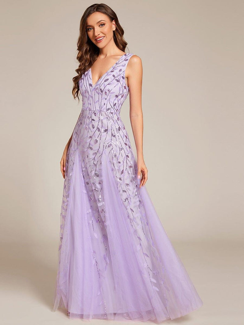 ever ZOEY|V-Neck Leaf Sequin Sleeveless A-Line Formal Evening Dress with Tulle