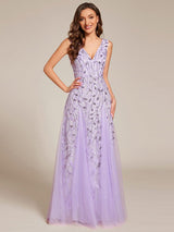 ever ZOEY|V-Neck Leaf Sequin Sleeveless A-Line Formal Evening Dress with Tulle