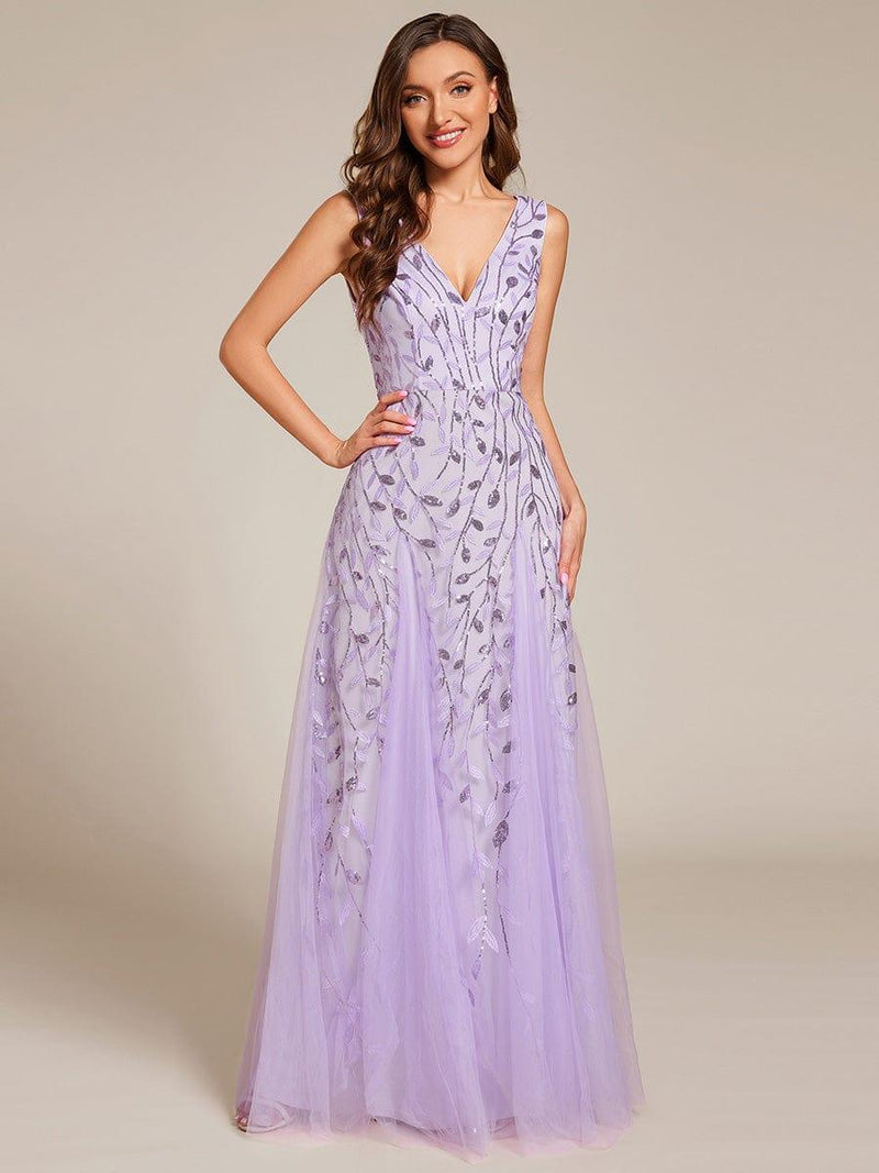 ever ZOEY|V-Neck Leaf Sequin Sleeveless A-Line Formal Evening Dress with Tulle