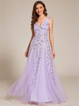 ever ZOEY|V-Neck Leaf Sequin Sleeveless A-Line Formal Evening Dress with Tulle