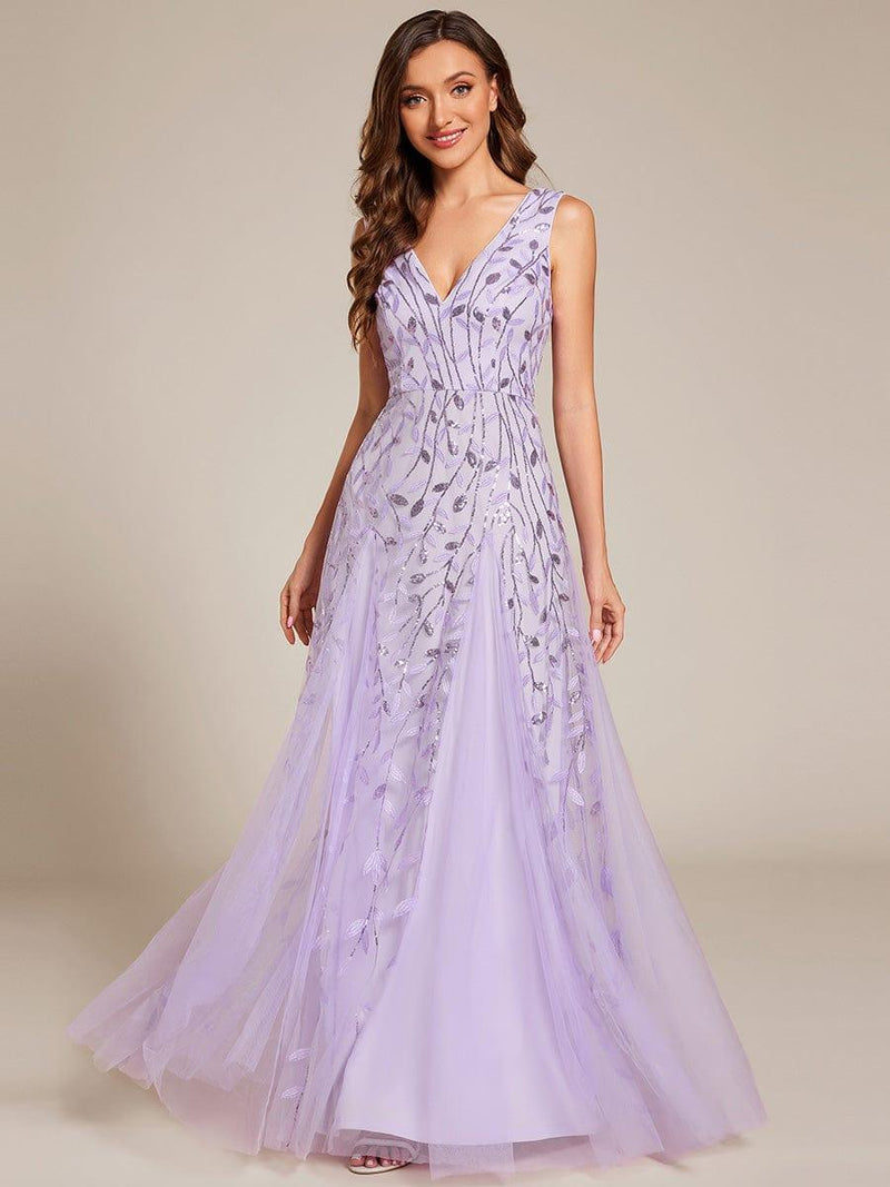 ever ZOEY|V-Neck Leaf Sequin Sleeveless A-Line Formal Evening Dress with Tulle