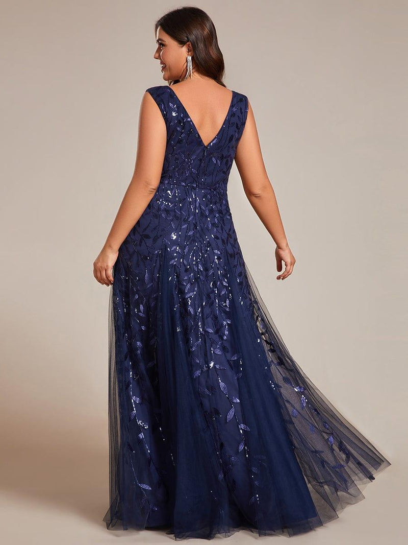 ever ZOEY|V-Neck Leaf Sequin Sleeveless A-Line Formal Evening Dress with Tulle