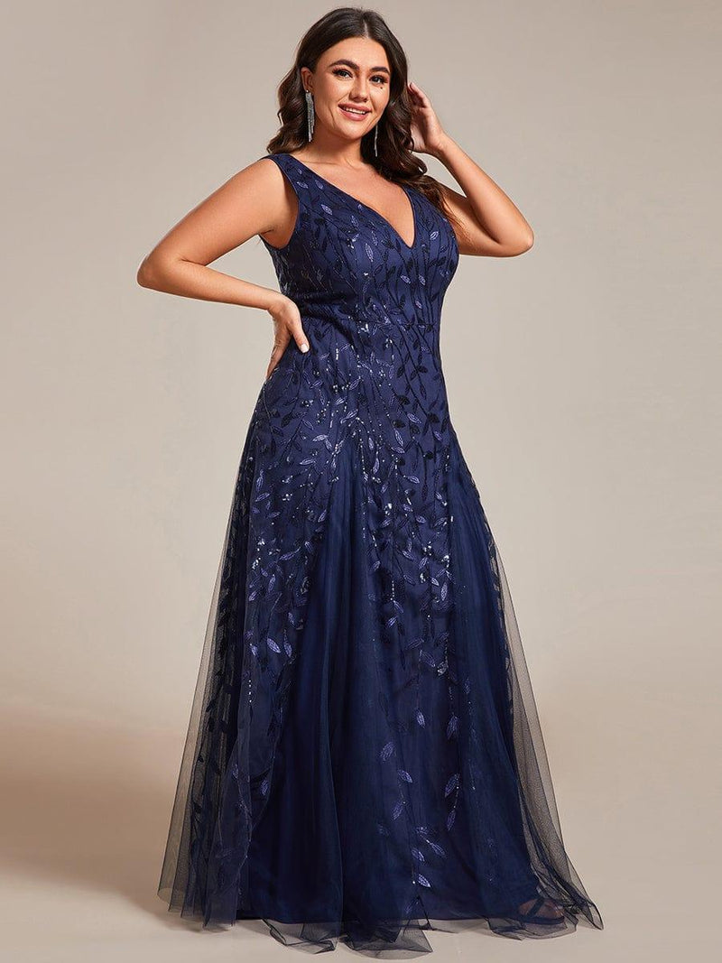 ever ZOEY|V-Neck Leaf Sequin Sleeveless A-Line Formal Evening Dress with Tulle