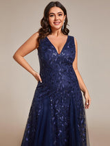 ever ZOEY|V-Neck Leaf Sequin Sleeveless A-Line Formal Evening Dress with Tulle