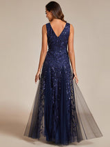 ever ZOEY|V-Neck Leaf Sequin Sleeveless A-Line Formal Evening Dress with Tulle