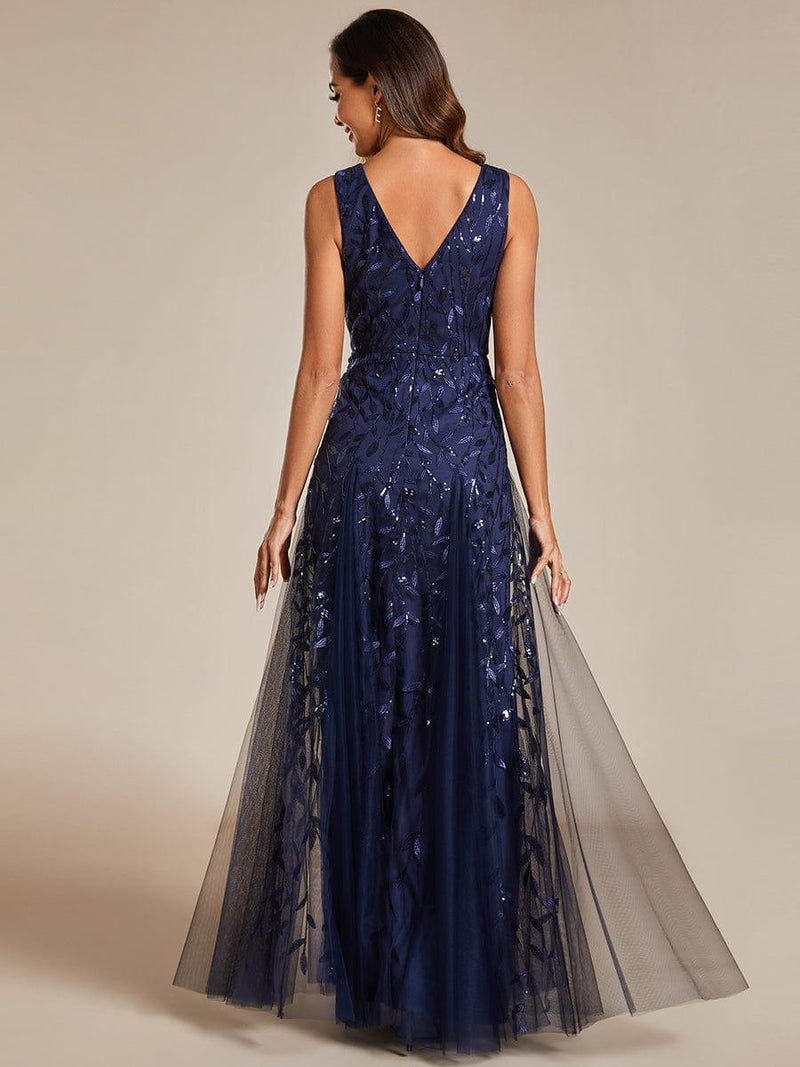 ever ZOEY|V-Neck Leaf Sequin Sleeveless A-Line Formal Evening Dress with Tulle