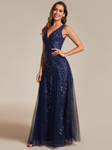 ever ZOEY|V-Neck Leaf Sequin Sleeveless A-Line Formal Evening Dress with Tulle