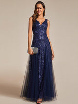 ever ZOEY|V-Neck Leaf Sequin Sleeveless A-Line Formal Evening Dress with Tulle