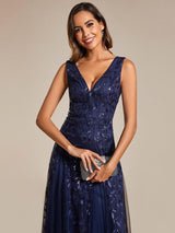 ever ZOEY|V-Neck Leaf Sequin Sleeveless A-Line Formal Evening Dress with Tulle