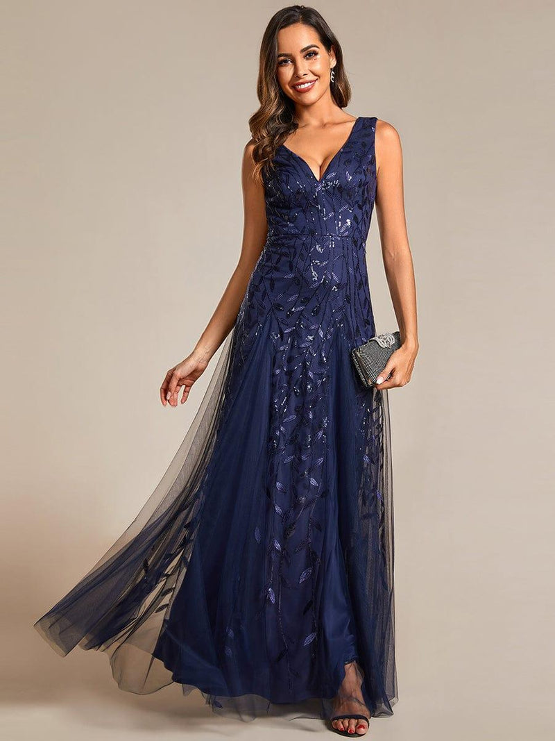ever ZOEY|V-Neck Leaf Sequin Sleeveless A-Line Formal Evening Dress with Tulle