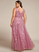 ever ZOEY|V-Neck Leaf Sequin Sleeveless A-Line Formal Evening Dress with Tulle