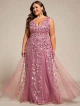 ever ZOEY|V-Neck Leaf Sequin Sleeveless A-Line Formal Evening Dress with Tulle