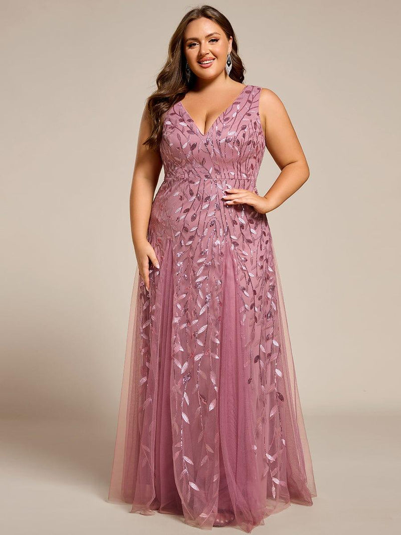 ever ZOEY|V-Neck Leaf Sequin Sleeveless A-Line Formal Evening Dress with Tulle