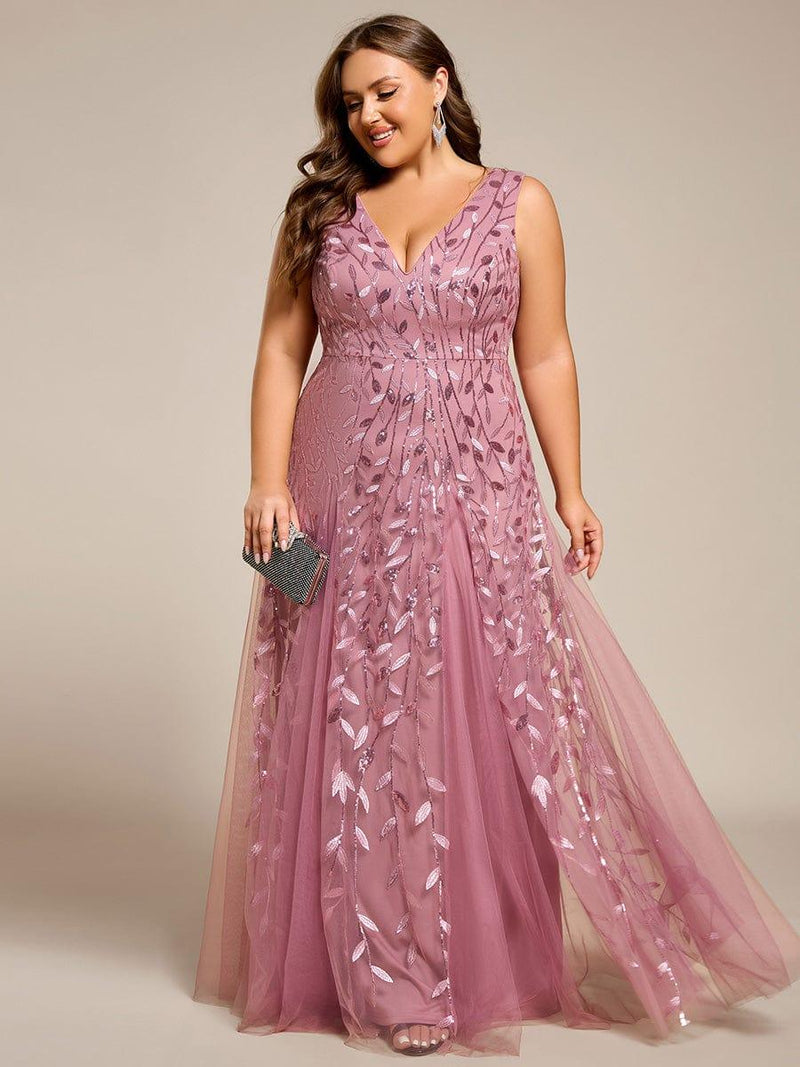ever ZOEY|V-Neck Leaf Sequin Sleeveless A-Line Formal Evening Dress with Tulle