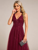ever HILLARY|V-Neck Sleeveless High-Waist See-Through Sequin Tulle Evening Dress