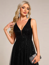 ever HILLARY|V-Neck Sleeveless High-Waist See-Through Sequin Tulle Evening Dress