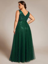pretty HILLARY|Plus Size Sequin V-Neck Sleeveless Empire Waist Tulle Formal Evening Dress