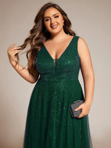 pretty HILLARY|Plus Size Sequin V-Neck Sleeveless Empire Waist Tulle Formal Evening Dress